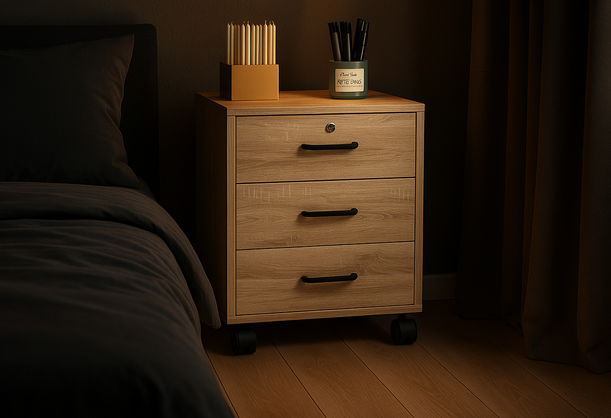 Απεικονίζεται η συρταριέρα διπλά σε ένα κρεβάτι, σε ένα υπνοδωμάτιο.